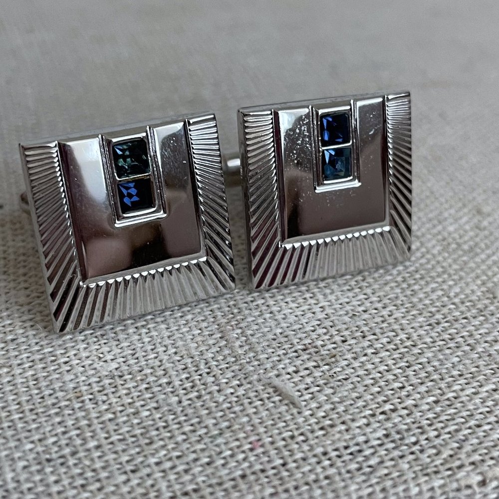 Vintage Shields Signed Silver Tone Blue Rhinestone Cuff Links